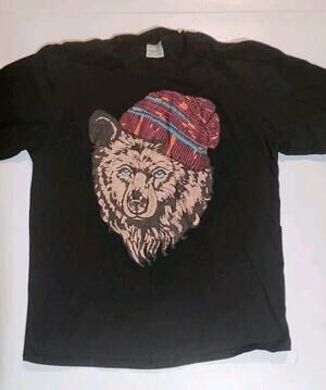 T-Shirt Unisex Bear with Beanie Hipster T Shirt Shirt Sleeve Black Size XL